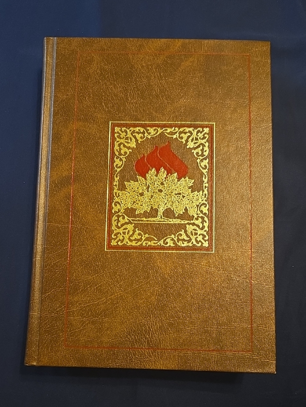 Embossed Brown Faux-Leather Decorative Book with Red & Gold Inlay